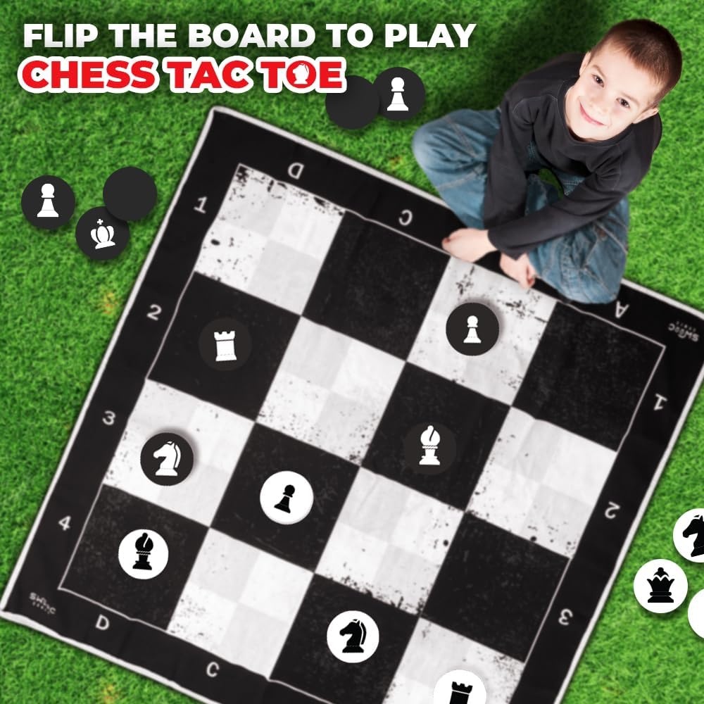 Swooc Games – 3-in-1 Giant Chess, Checkers, & Chess Tac Toe Game with Mat (4ft x 4ft) – Machine-Washable Canvas & 5″ Big Foam Discs – Giant Chess Set Outdoor & Checkers Board Game for Adults & Kids - view 2
