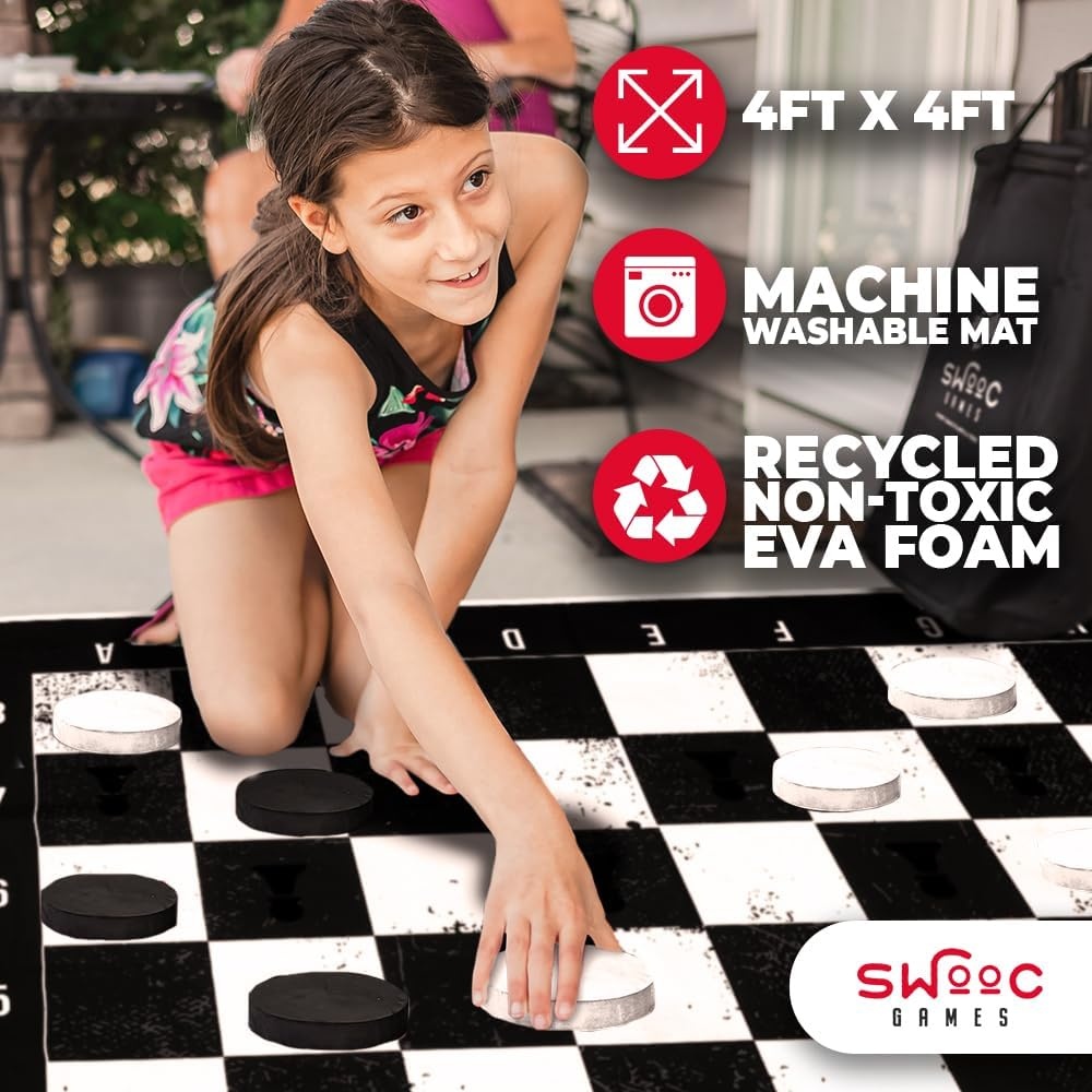 Swooc Games – 3-in-1 Giant Chess, Checkers, & Chess Tac Toe Game with Mat (4ft x 4ft) – Machine-Washable Canvas & 5″ Big Foam Discs – Giant Chess Set Outdoor & Checkers Board Game for Adults & Kids - view 3