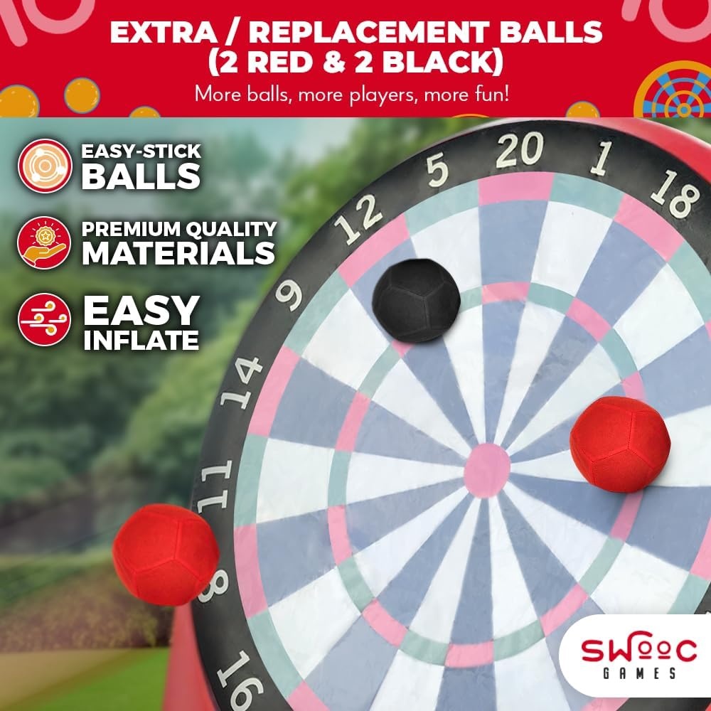 SWOOC Games® – Replacement Balls for Giant Kick Darts – 2 Red and 2 Black (7-inch) – Inflatable Easy-Stick Balls – Giant Outdoor Games – Soccer Yard Activity – Inflatable Soccer Dart Board