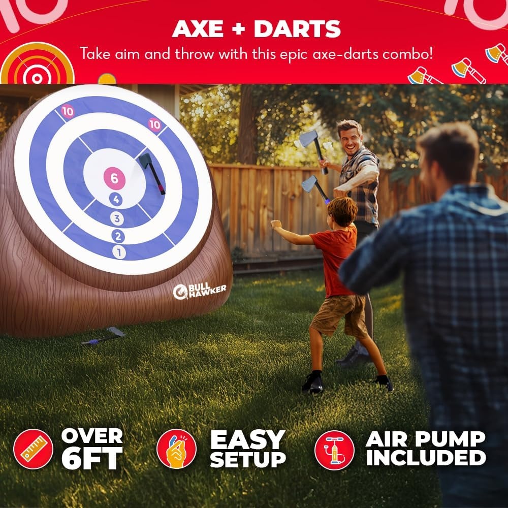 Swooc Games® – Bull Hawker™ | Giant Axe Darts with 15+ Games | Axe Throwing Game for Backyard with Air Pump | Large Outdoor Games for Adults and Family | Party Carnival Game | Throwing Yard Fun(Giant – 6ft)