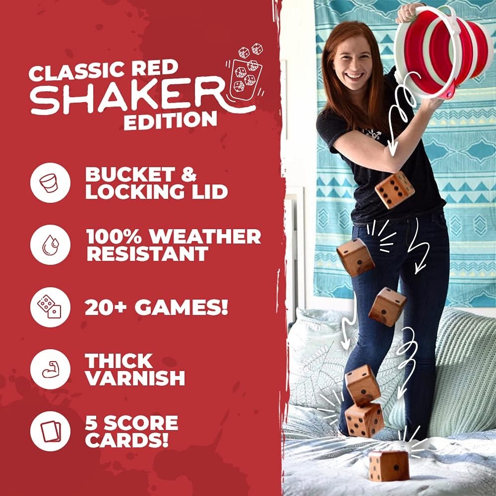 SWOOC Yardzee, Farkle & 20+ Games – Light-Weight Yard Dice Game Set (All Weather) with Collapsible Bucket, 5 Big Laminated Score Cards, and Marker (Choose 2.5in or 3.5in Dice) Yard Games(Red) - view 2
