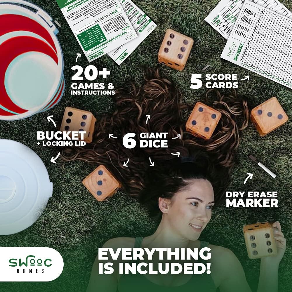 SWOOC Yardzee, Farkle & 20+ Games – Light-Weight Yard Dice Game Set (All Weather) with Collapsible Bucket, 5 Big Laminated Score Cards, and Marker (Choose 2.5in or 3.5in Dice) Yard Games(Red) - view 3