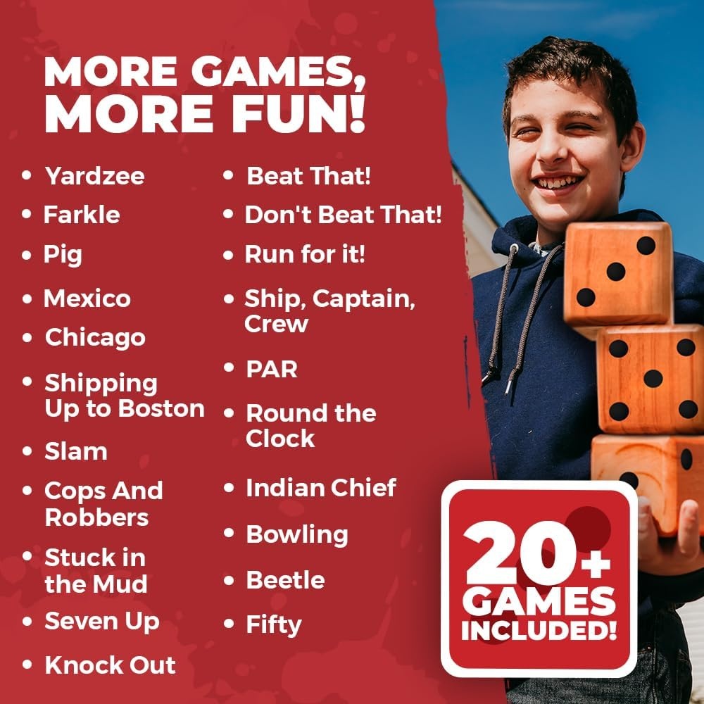 SWOOC Yardzee, Farkle & 20+ Games – Light-Weight Yard Dice Game Set (All Weather) with Collapsible Bucket, 5 Big Laminated Score Cards, and Marker (Choose 2.5in or 3.5in Dice) Yard Games(Red) - view 4