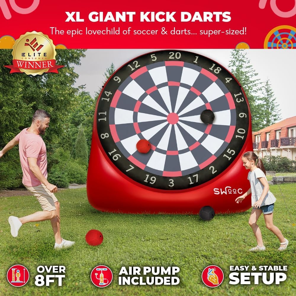 Swooc Games – Premium Inflatable Giant Kick Darts (15+ Ways to Play) – Jumbo Soccer Dartboard with Air Pump – Big Carnival Games – Giant Outdoor Games – Oversized Dart Board Yard & Lawn Game(XL – 8ft)
