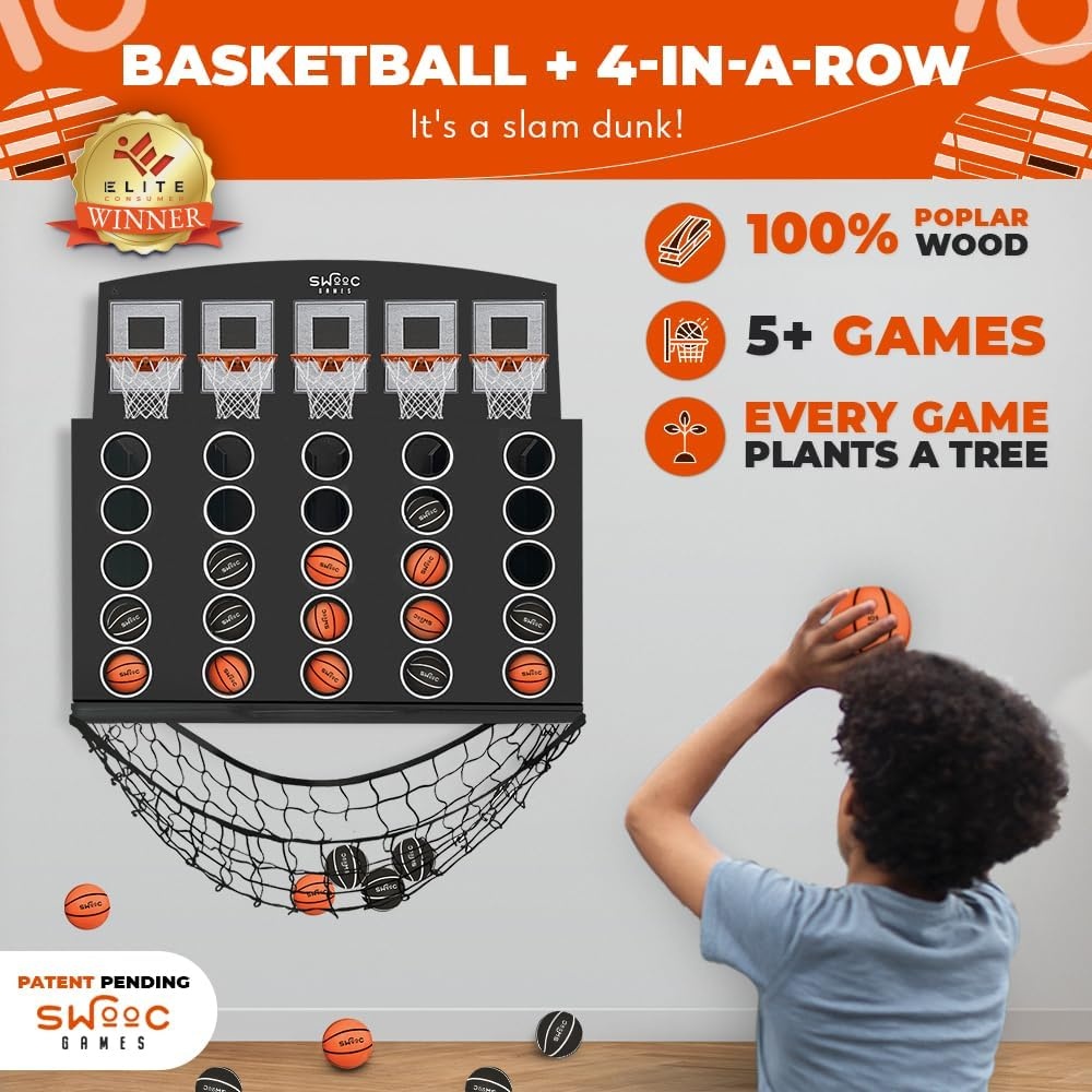 Swooc Games – Low Post Lineup | Wall Mounted Giant Basketball 4 in A Row w/ 5+ Games | Basketball Hoop for Room Wall Games | Game Room Games | Mini Basketball Hoop Indoor Connect | Four in A Row Game