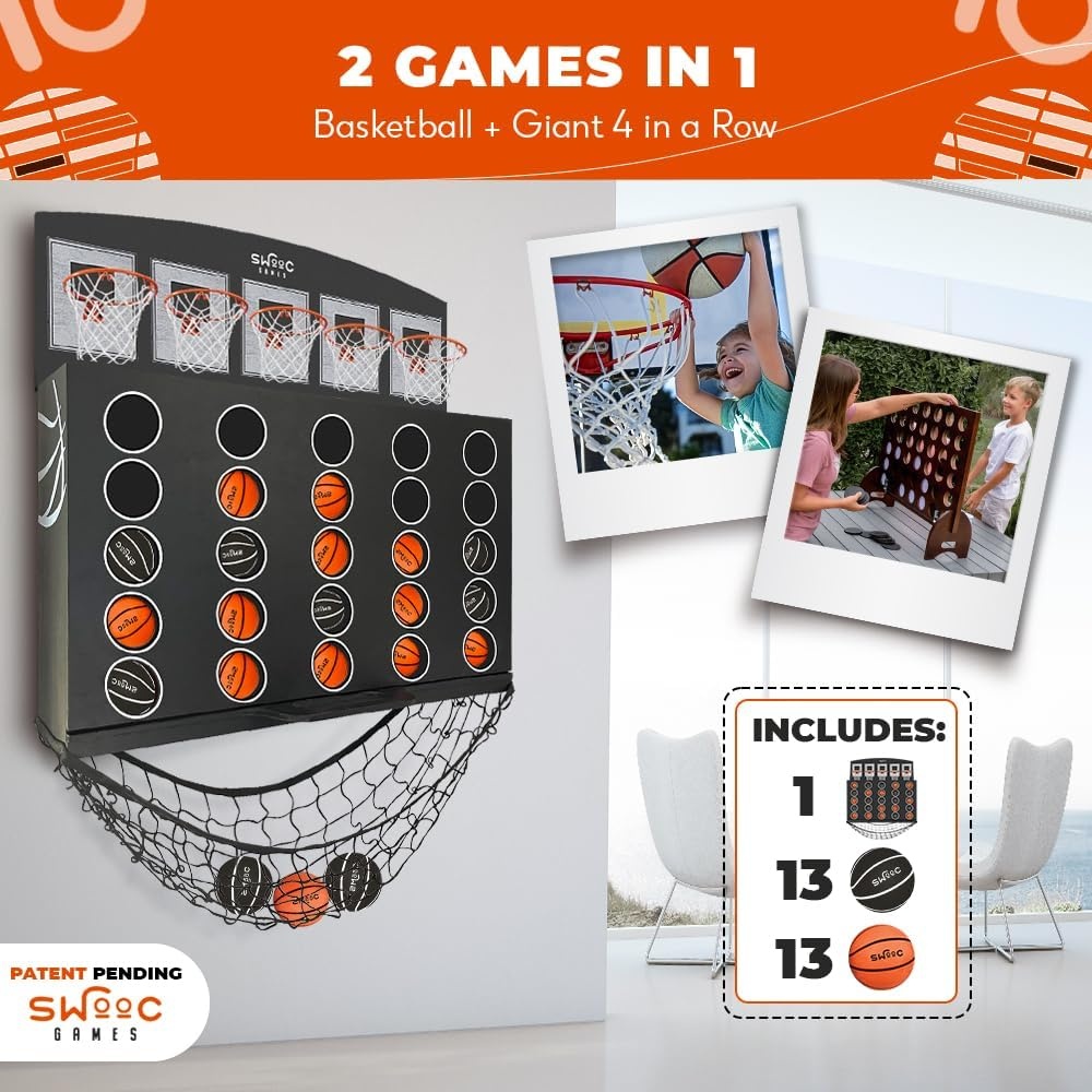 Swooc Games – Low Post Lineup | Wall Mounted Giant Basketball 4 in A Row w/ 5+ Games | Basketball Hoop for Room Wall Games | Game Room Games | Mini Basketball Hoop Indoor Connect | Four in A Row Game - view 4