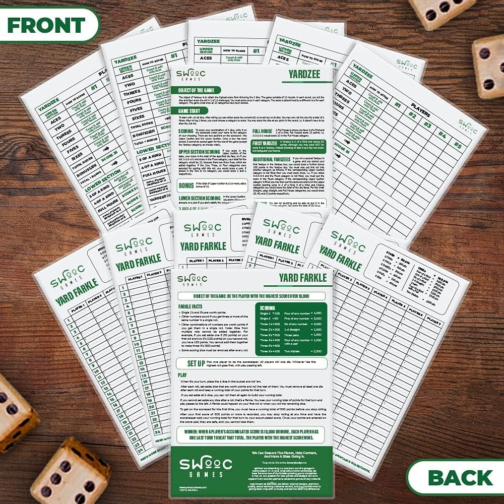 SWOOC Games® – 5 Big Premium Laminated Yardzee & Farkle Score Cards (11.5in x 8in) with Rules – Large Reusable Dry Erase Pads for Giant Outdoor Dice(Score Cards Only (5 Pack)) - view 2