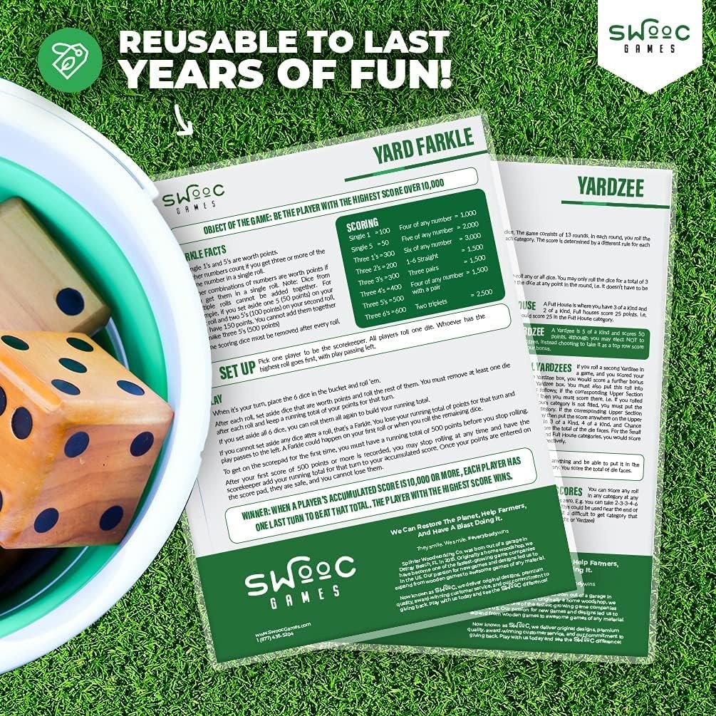 SWOOC Games® – 5 Big Premium Laminated Yardzee & Farkle Score Cards (11.5in x 8in) with Rules – Large Reusable Dry Erase Pads for Giant Outdoor Dice(Score Cards Only (5 Pack)) - view 5