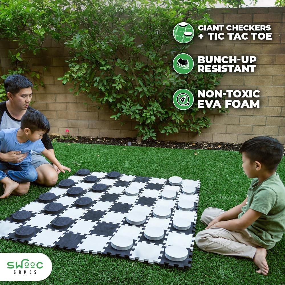 Swooc Games® – 2-in-1 Premium Giant Checkers & Tic Tac Toe Game (4ft x 4ft) – 100% High Density EVA Foam Mat & Pieces – Extra Large Checkers Set with Jumbo Checkerboard and Yard Size Tic Tac Toss
