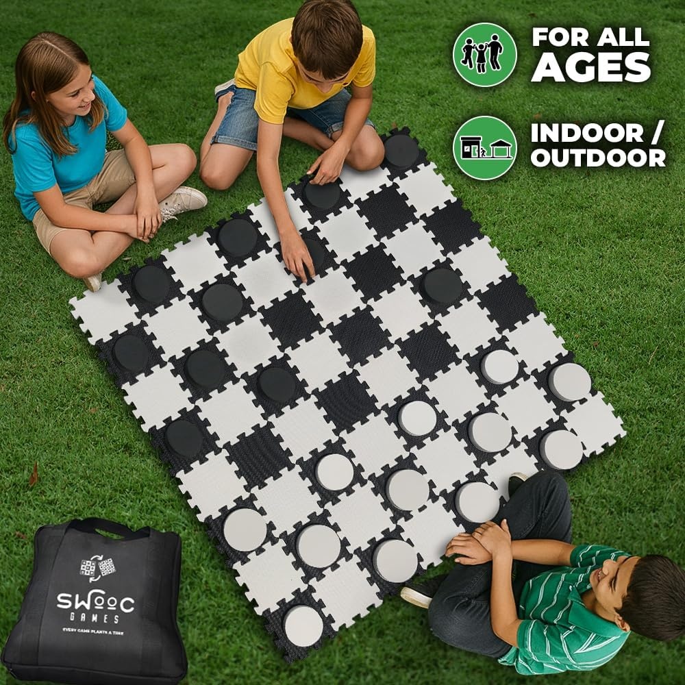 Swooc Games® – 2-in-1 Premium Giant Checkers & Tic Tac Toe Game (4ft x 4ft) – 100% High Density EVA Foam Mat & Pieces – Extra Large Checkers Set with Jumbo Checkerboard and Yard Size Tic Tac Toss - view 3