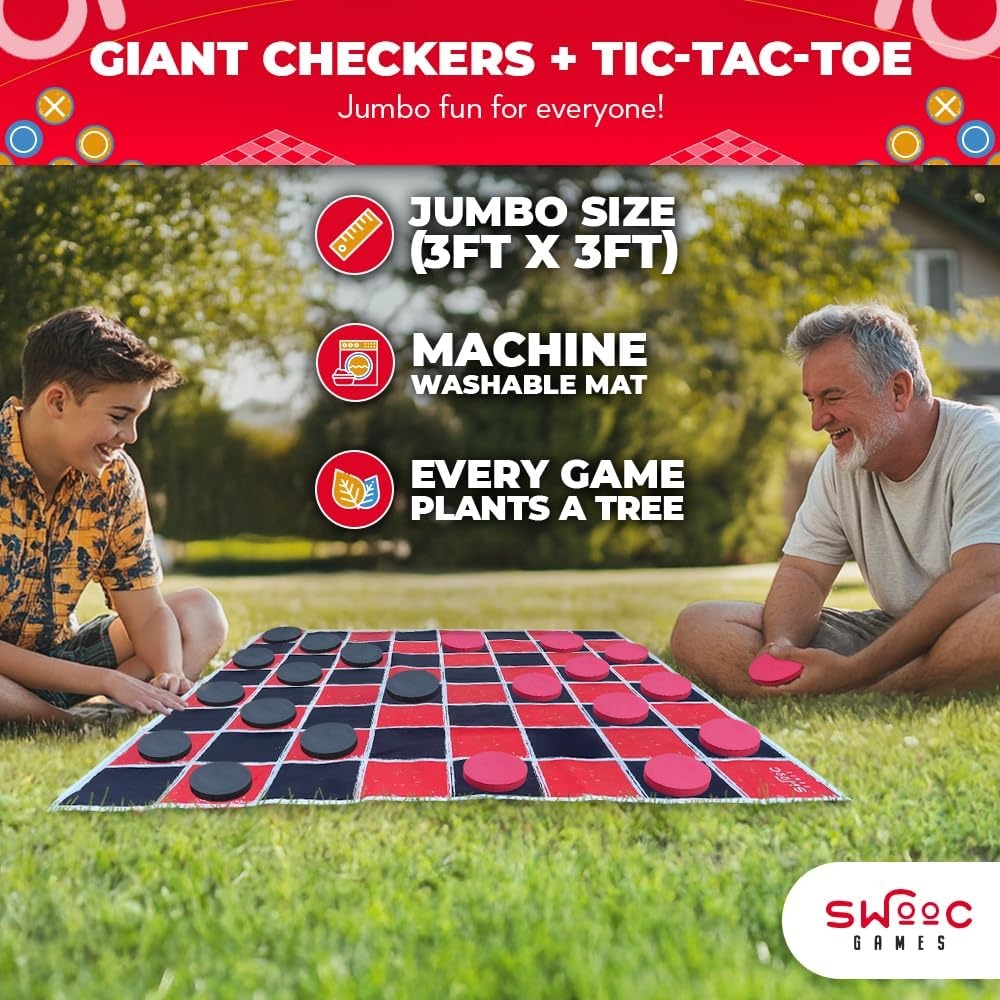 Swooc Games® – 2-in-1 Vintage Giant Checkers & Tic Tac Toe Game W/Mat (3ft x 3ft) – 100% Machine-Washable Canvas – Giant Outdoor Games for Kids – Yard Game for Kids – Jumbo Lawn Set – Large Checkers(3ft x 3ft)