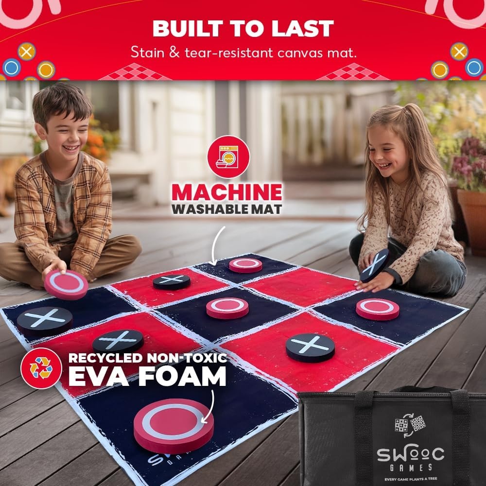Swooc Games® – 2-in-1 Vintage Giant Checkers & Tic Tac Toe Game W/Mat (3ft x 3ft) – 100% Machine-Washable Canvas – Giant Outdoor Games for Kids – Yard Game for Kids – Jumbo Lawn Set – Large Checkers(3ft x 3ft) - view 2