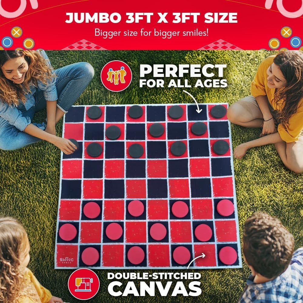 Swooc Games® – 2-in-1 Vintage Giant Checkers & Tic Tac Toe Game W/Mat (3ft x 3ft) – 100% Machine-Washable Canvas – Giant Outdoor Games for Kids – Yard Game for Kids – Jumbo Lawn Set – Large Checkers(3ft x 3ft) - view 3