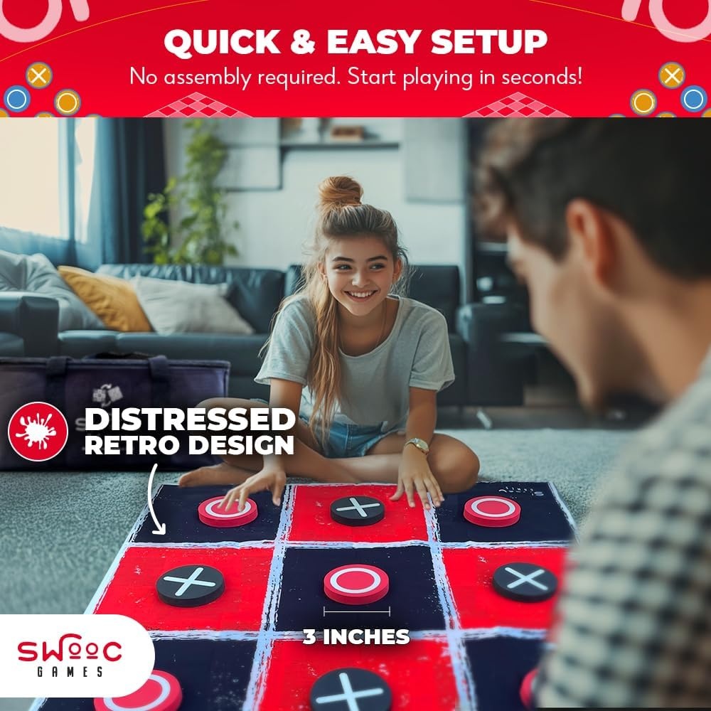 Swooc Games® – 2-in-1 Vintage Giant Checkers & Tic Tac Toe Game W/Mat (3ft x 3ft) – 100% Machine-Washable Canvas – Giant Outdoor Games for Kids – Yard Game for Kids – Jumbo Lawn Set – Large Checkers(3ft x 3ft) - view 4