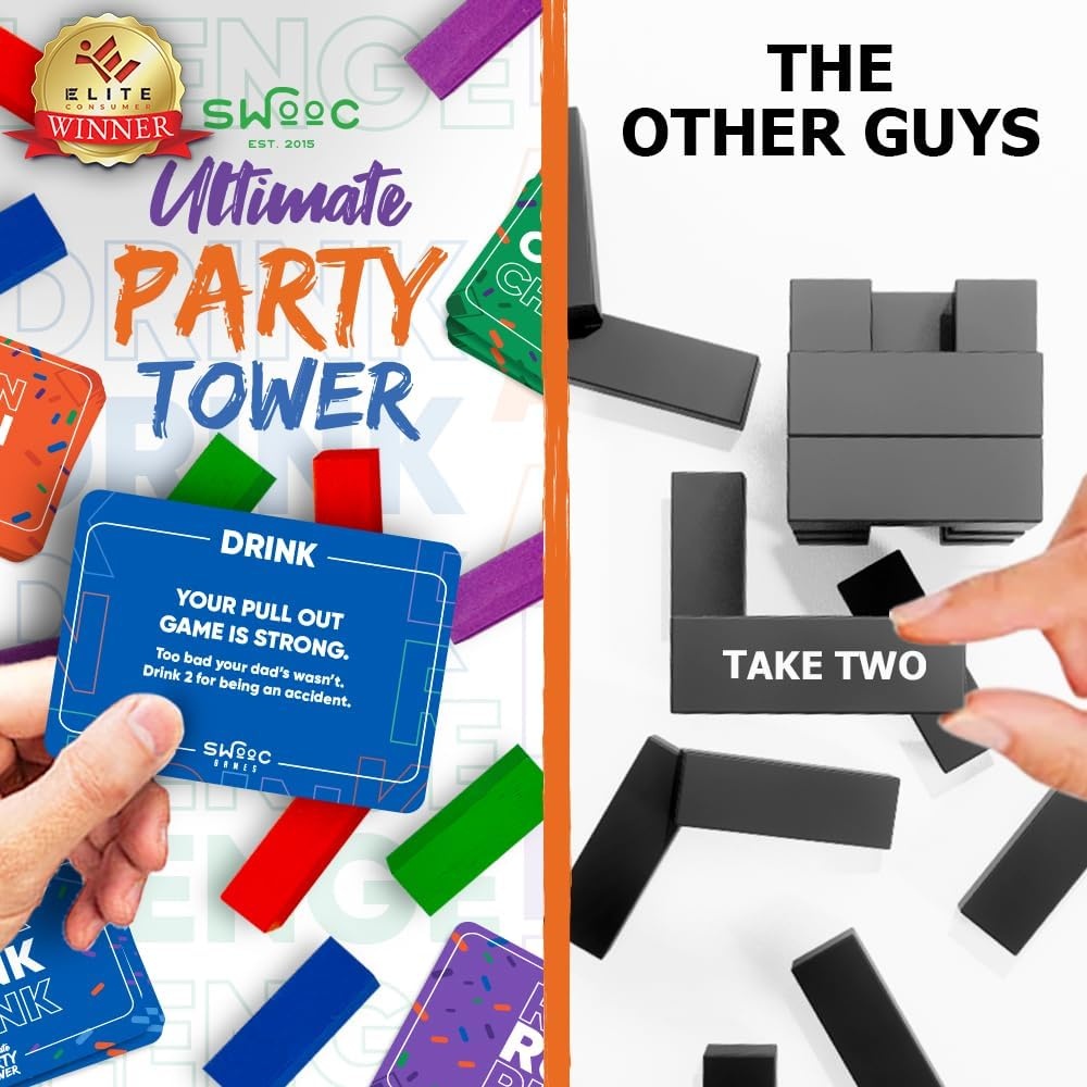 SWOOC Games – Ultimate Party Tower™ – 100 Original Commands, 60 Blocks, & 1000s of Hilarious Rule Combinations – A Tipsy Spin on Fun Classic Games for Power Hour – Ages 21+ – Wooden Tower Blocks Game