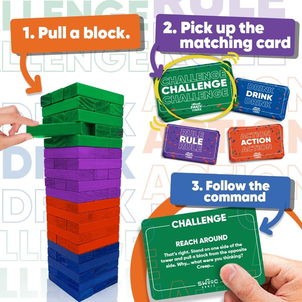SWOOC Games – Ultimate Party Tower™ – 100 Original Commands, 60 Blocks, & 1000s of Hilarious Rule Combinations – A Tipsy Spin on Fun Classic Games for Power Hour – Ages 21+ – Wooden Tower Blocks Game - view 2
