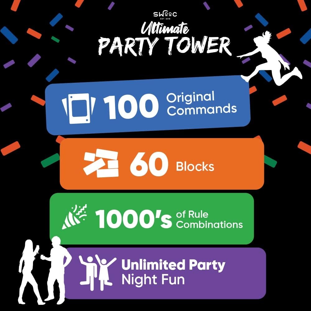 SWOOC Games – Ultimate Party Tower™ – 100 Original Commands, 60 Blocks, & 1000s of Hilarious Rule Combinations – A Tipsy Spin on Fun Classic Games for Power Hour – Ages 21+ – Wooden Tower Blocks Game - view 4