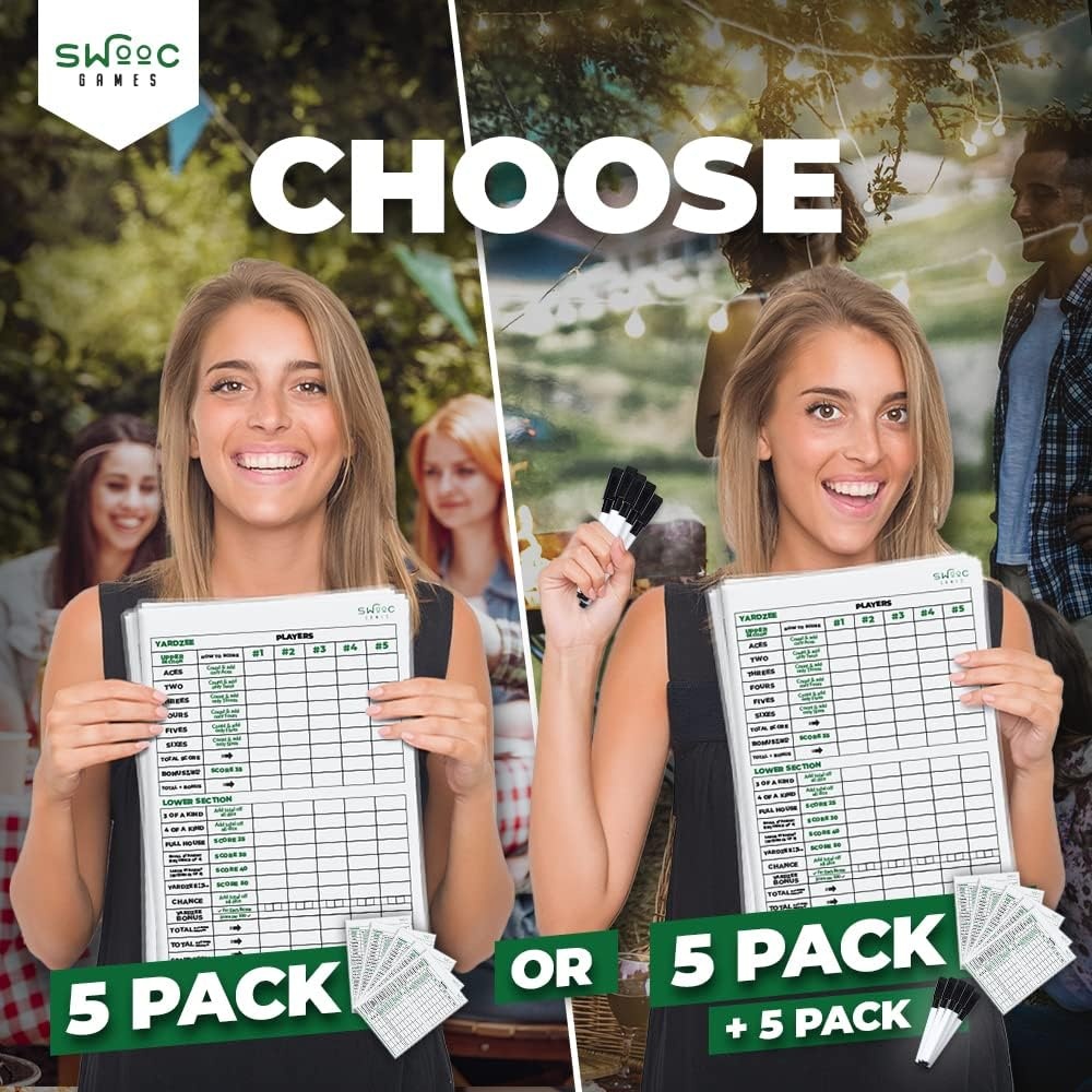 SWOOC Games® – 5 Big Premium Laminated Yardzee & Farkle Score Cards (11.5in x 8in) with Rules – Large Reusable Dry Erase Pads for Giant Outdoor Dice(Score Cards + Markers (5 Pack))