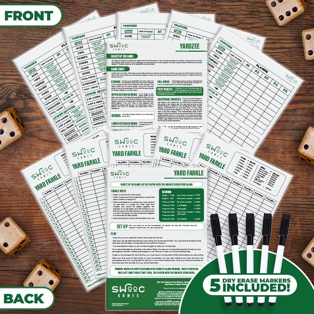 SWOOC Games® – 5 Big Premium Laminated Yardzee & Farkle Score Cards (11.5in x 8in) with Rules – Large Reusable Dry Erase Pads for Giant Outdoor Dice(Score Cards + Markers (5 Pack)) - view 2