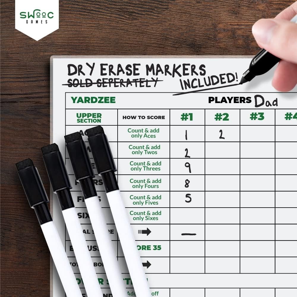 SWOOC Games® – 5 Big Premium Laminated Yardzee & Farkle Score Cards (11.5in x 8in) with Rules – Large Reusable Dry Erase Pads for Giant Outdoor Dice(Score Cards + Markers (5 Pack)) - view 3