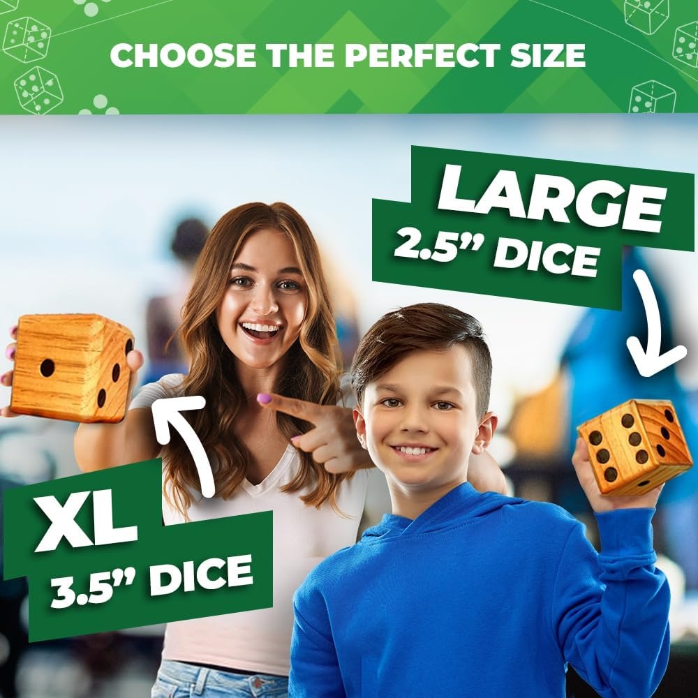 SWOOC Yardzee, Farkle & 20+ Games – Light-Weight Yard Dice Game Set (All Weather) with Collapsible Bucket, 5 Big Laminated Score Cards, and Marker (Choose 2.5in or 3.5in Dice) Yard Games(Green) - view 2