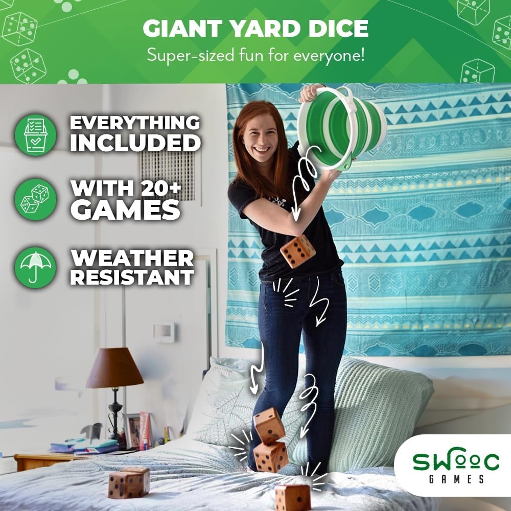 SWOOC Yardzee, Farkle & 20+ Games – Light-Weight Yard Dice Game Set (All Weather) with Collapsible Bucket, 5 Big Laminated Score Cards, and Marker (Choose 2.5in or 3.5in Dice) Yard Games(Green) - view 3