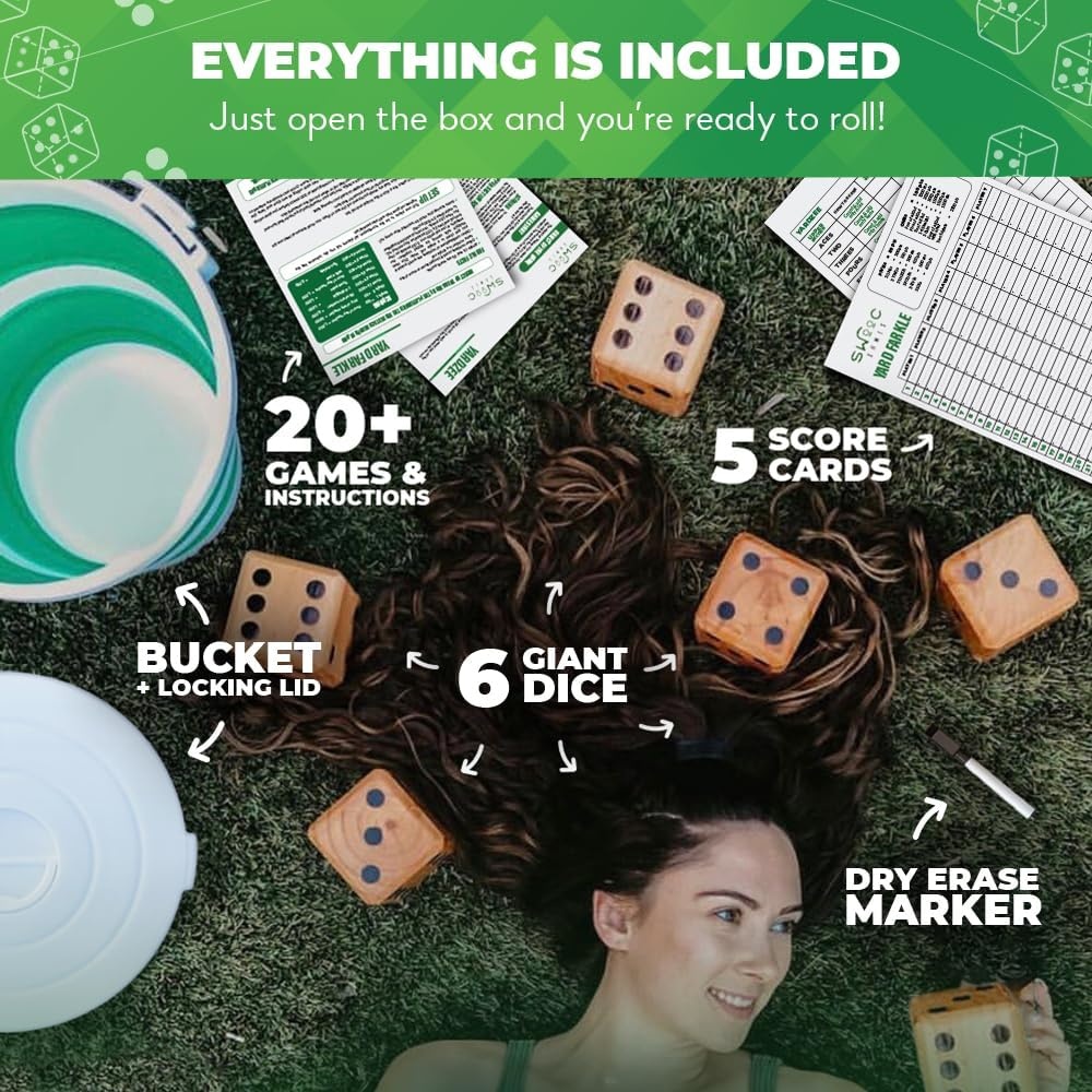 SWOOC Yardzee, Farkle & 20+ Games – Light-Weight Yard Dice Game Set (All Weather) with Collapsible Bucket, 5 Big Laminated Score Cards, and Marker (Choose 2.5in or 3.5in Dice) Yard Games(Green) - view 4