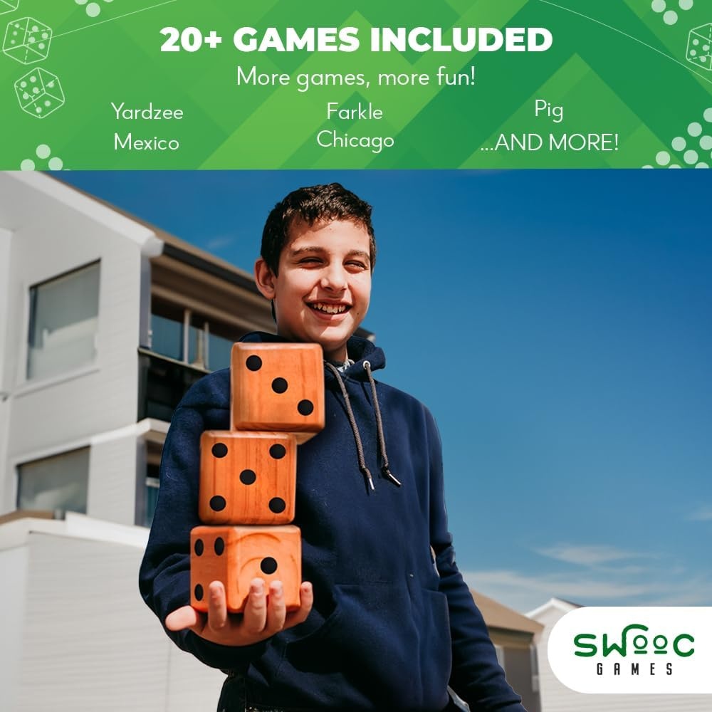 SWOOC Yardzee, Farkle & 20+ Games – Light-Weight Yard Dice Game Set (All Weather) with Collapsible Bucket, 5 Big Laminated Score Cards, and Marker (Choose 2.5in or 3.5in Dice) Yard Games(Green) - view 5