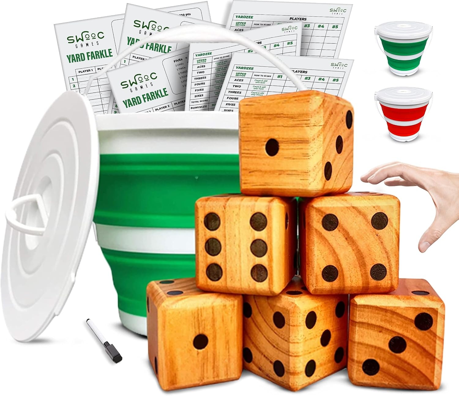 SWOOC Yardzee, Farkle & 20+ Games – Light-Weight Yard Dice Game Set (All Weather) with Collapsible Bucket, 5 Big Laminated Score Cards, and Marker (Choose 2.5in or 3.5in Dice) Yard Games(Green) - view 6