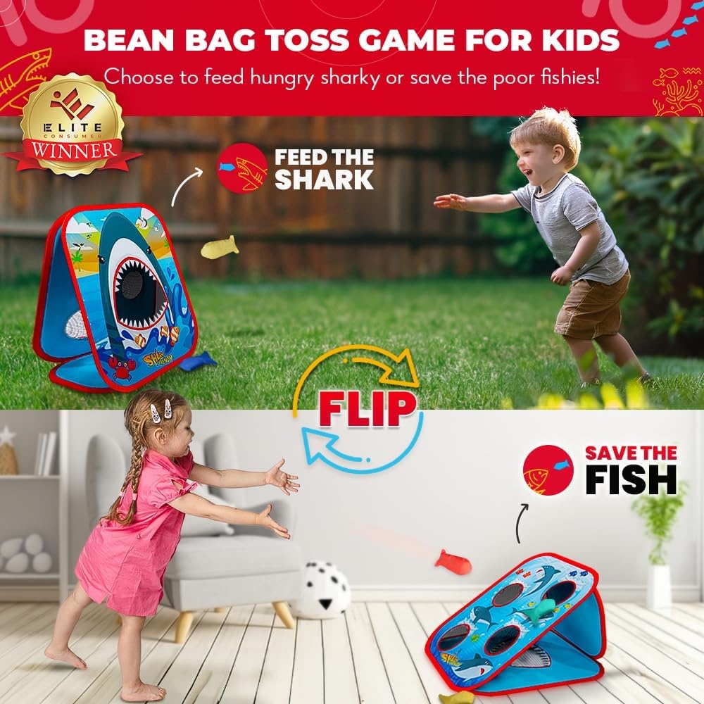 Swooc Games® – Shark Frenzy™ | 2-in-1 Bean Bag Toss Game for Kids | 5-Second Setup Toddler Party Games for Kids | Toddler Outdoor Fun | Corn Hole Shark Toys for Boys | Cornhole Game Set Outside