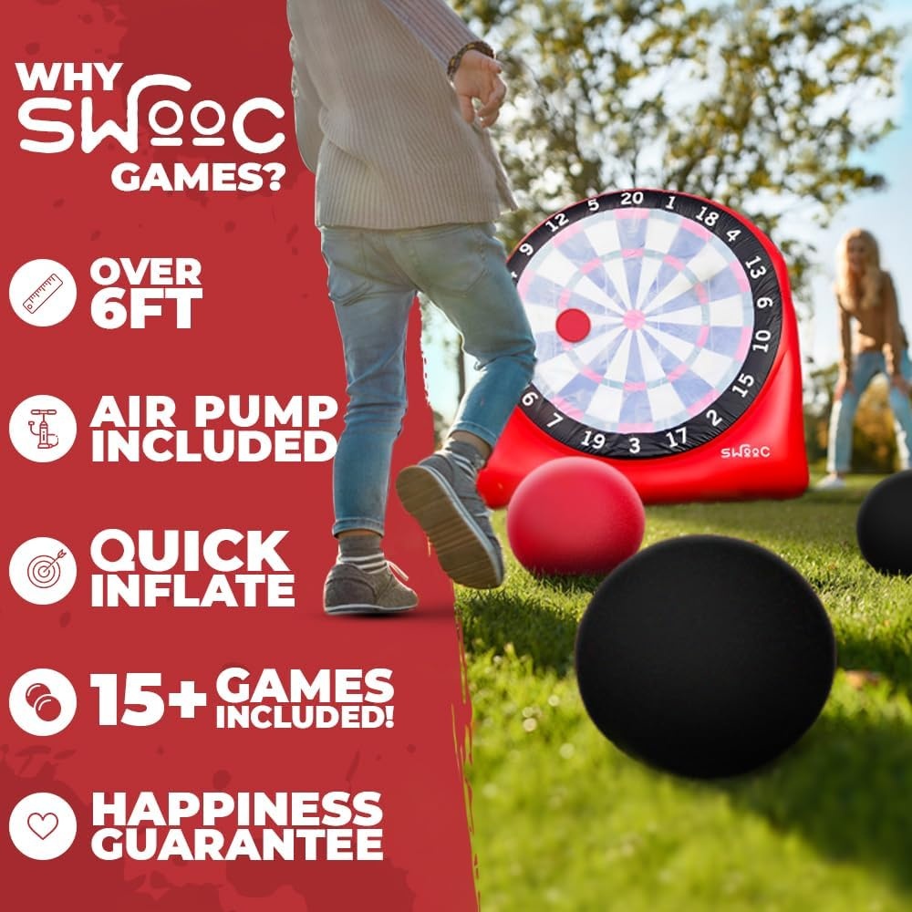 Swooc Games – Premium Inflatable Giant Kick Darts (15+ Ways to Play) – Jumbo Soccer Dartboard with Air Pump – Big Carnival Games – Giant Outdoor Games – Oversized Dart Board Yard & Lawn Game(Giant – 6ft)