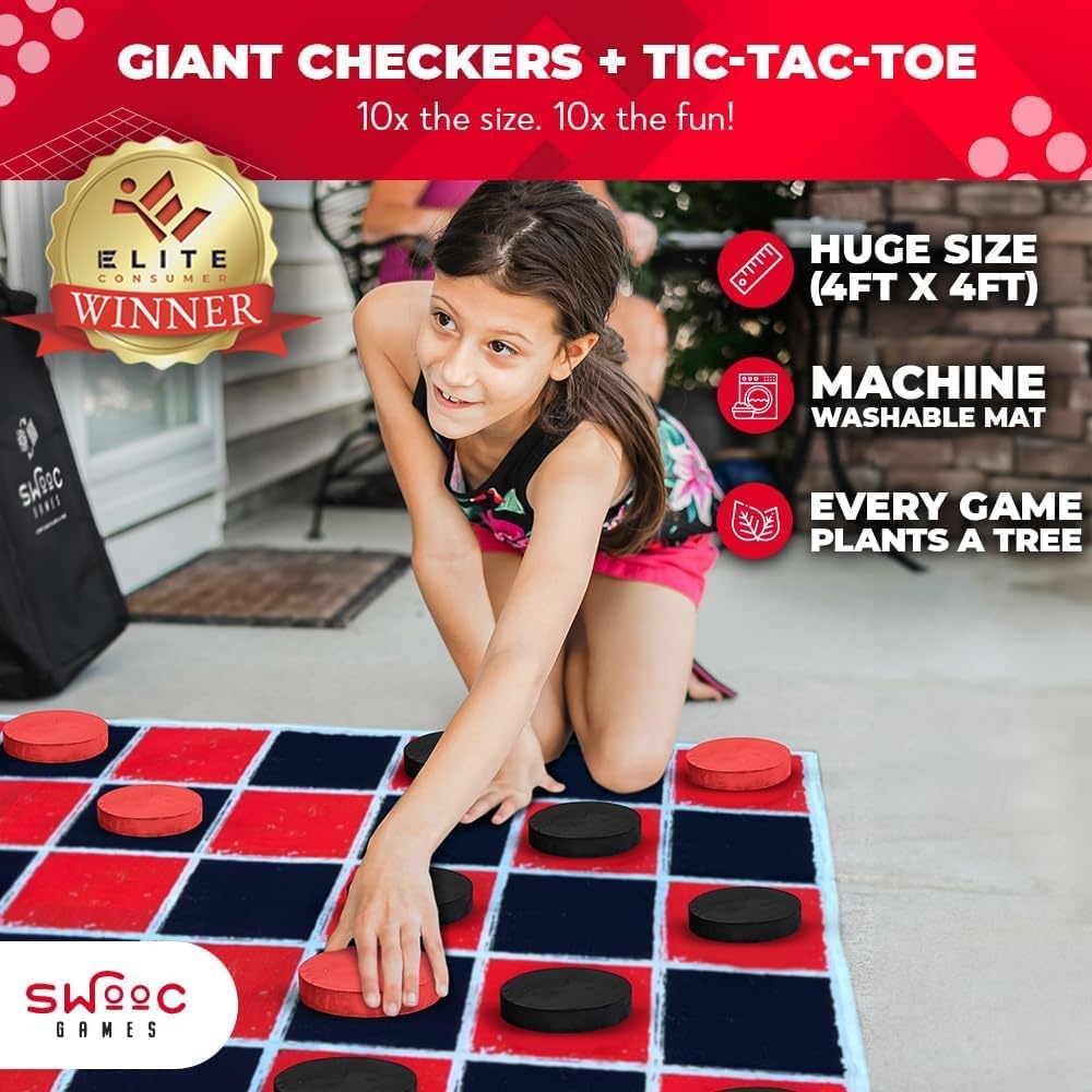 Swooc Games® – 2-in-1 Vintage Giant Checkers & Tic Tac Toe Game W/Mat (3ft x 3ft) – 100% Machine-Washable Canvas – Giant Outdoor Games for Kids – Yard Game for Kids – Jumbo Lawn Set – Large Checkers(4ft x 4ft)