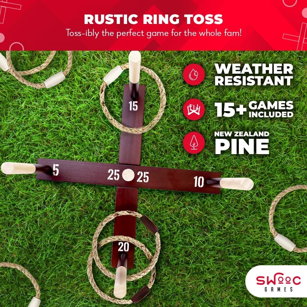 Swooc Games – Rustic Ring Toss Game (All Weather) – Easy Setup & Extra Games Included – Ring Toss Game for Adults – Outdoor Activities for Adults – Yard Toys for Kids – Backyard Fun – Outdoor Party(Standard)