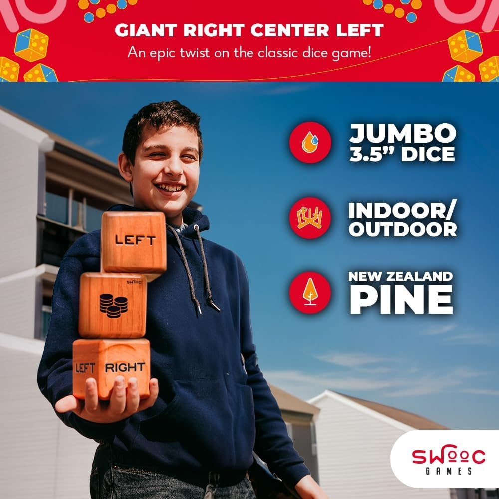 SWOOC Games® – Giant Right Center Left Dice Game (All Weather) with 24 Large Chips & Carry Bag – Jumbo Wooden Lawn Game – Big Backyard Games for Family – Indoor/Outdoor – Left Right Center Dice Set