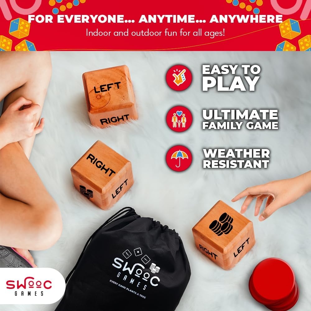 SWOOC Games® – Giant Right Center Left Dice Game (All Weather) with 24 Large Chips & Carry Bag – Jumbo Wooden Lawn Game – Big Backyard Games for Family – Indoor/Outdoor – Left Right Center Dice Set - view 2