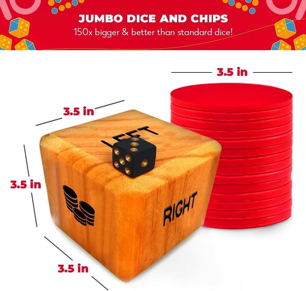 SWOOC Games® – Giant Right Center Left Dice Game (All Weather) with 24 Large Chips & Carry Bag – Jumbo Wooden Lawn Game – Big Backyard Games for Family – Indoor/Outdoor – Left Right Center Dice Set - view 3