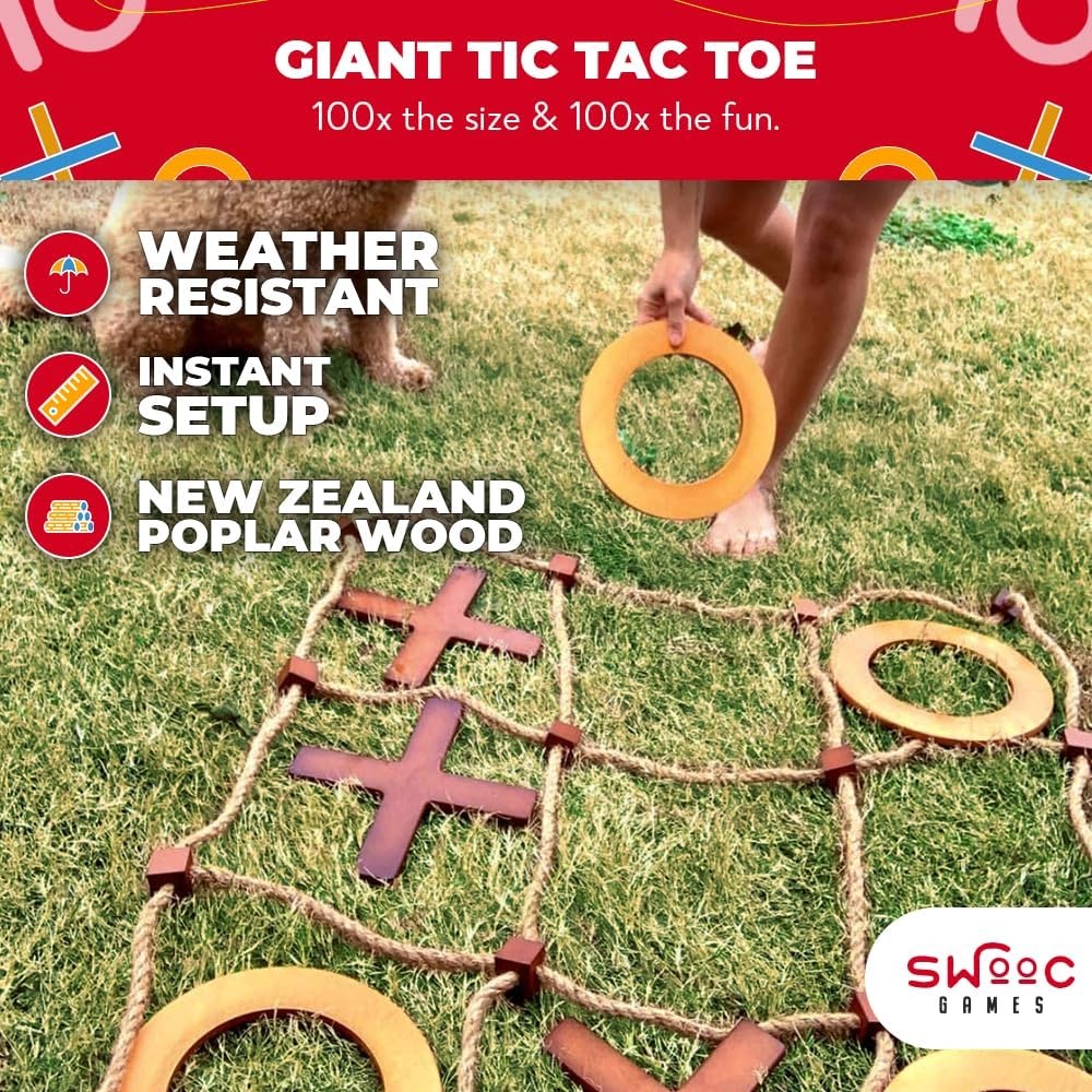 SWOOC Games – Premium Giant Tic Tac Toe Game Outdoor (All Weather) | 3ft x 3ft | Instant Setup, No Assembly | Giant Outdoor Games for Adults and Family | Outside Toys | Large Lawn & Backyard Fun