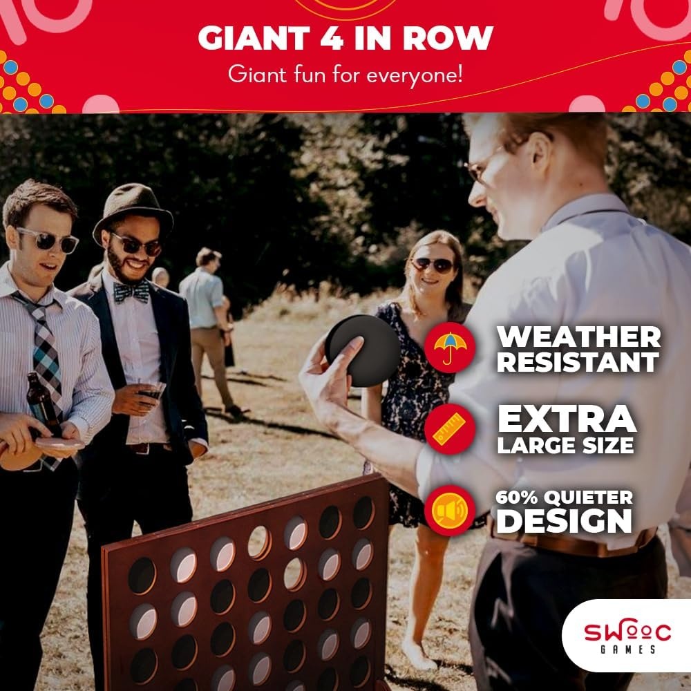 SWOOC Games – Premium Giant Four in a Row (All Weather) w/Carrying Case & 60% Quieter Design – Giant Connect – 4 Game Outdoor for Adults and Family – 4 in a Row Life Size Yard Games for Kids & Adults(3ft x 2ft)