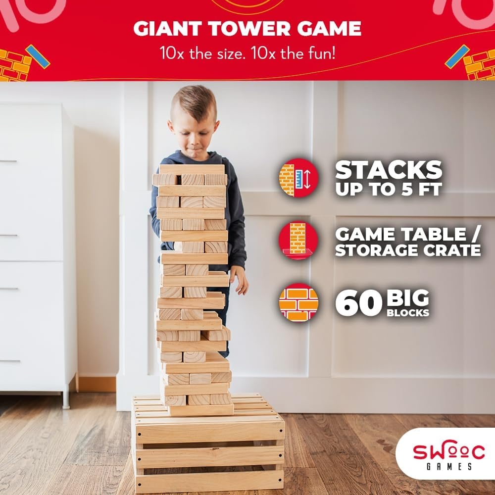 SWOOC Games – Premium Giant Tower Game | 60 Blocks + Storage Crate/Outdoor Table | Stacks up to 5ft | Jumbo Yard Games for Adults and Family | Giant Outdoor Set | Big Backyard Fun | Large Lawn Size