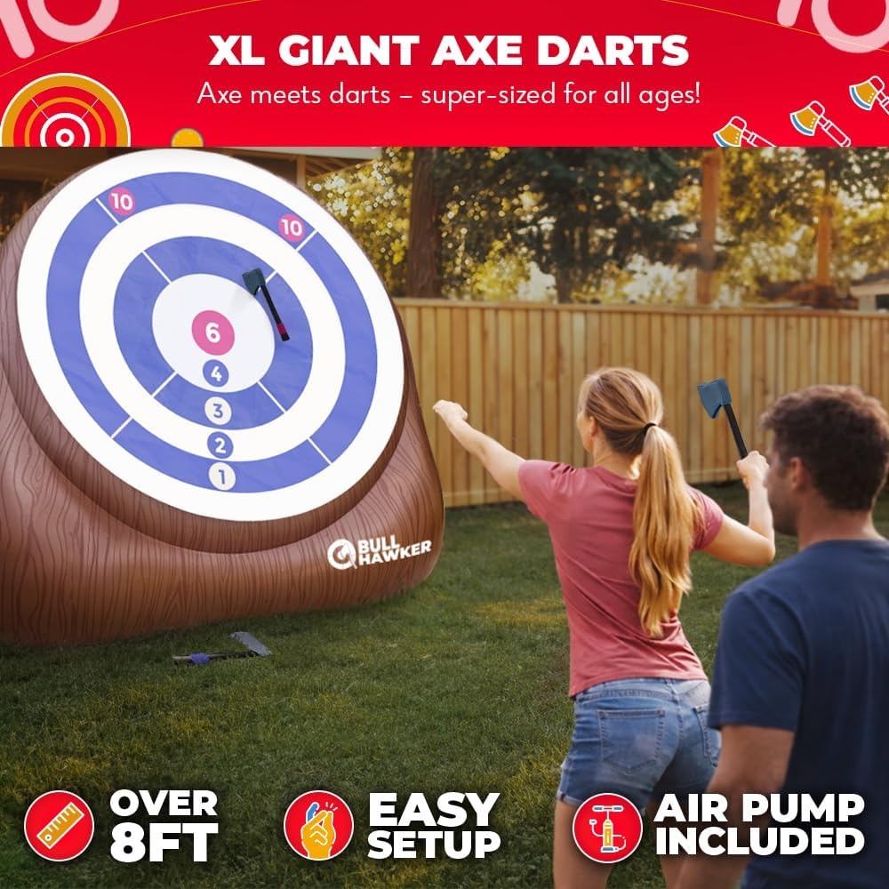 Swooc Games® – Bull Hawker™ | Giant Axe Darts with 15+ Games | Axe Throwing Game for Backyard with Air Pump | Large Outdoor Games for Adults and Family | Party Carnival Game | Throwing Yard Fun(XL – 8ft)