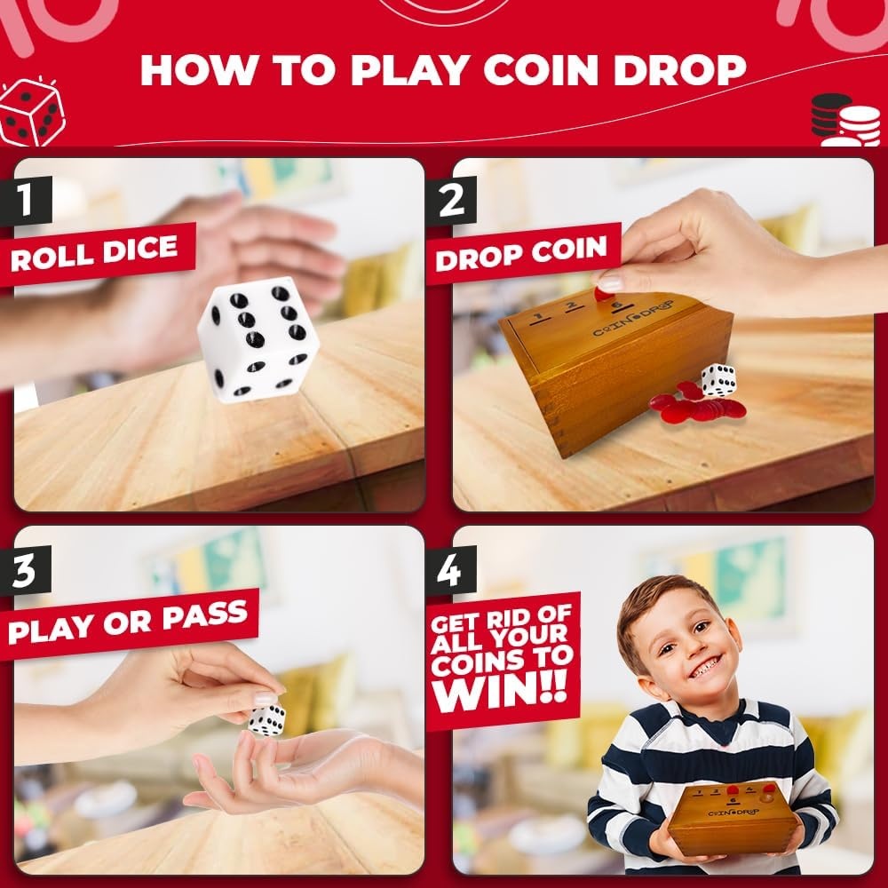SWOOC Games – Coin Drop™ | Simple + Strategic Dice Games for Families with Coins Included for 2-6 Players | Works W/Pennies Too | Get Rid of Coins to Win | Board Games for Kids | Penny Game Wood Box