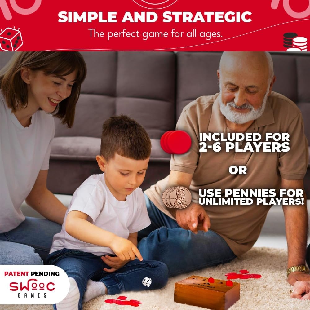 SWOOC Games – Coin Drop™ | Simple + Strategic Dice Games for Families with Coins Included for 2-6 Players | Works W/Pennies Too | Get Rid of Coins to Win | Board Games for Kids | Penny Game Wood Box - view 2