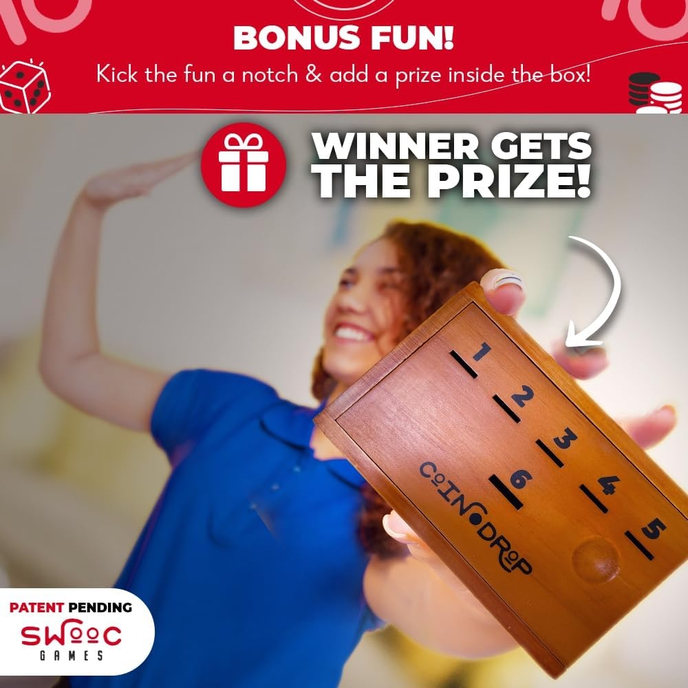 SWOOC Games – Coin Drop™ | Simple + Strategic Dice Games for Families with Coins Included for 2-6 Players | Works W/Pennies Too | Get Rid of Coins to Win | Board Games for Kids | Penny Game Wood Box - view 3
