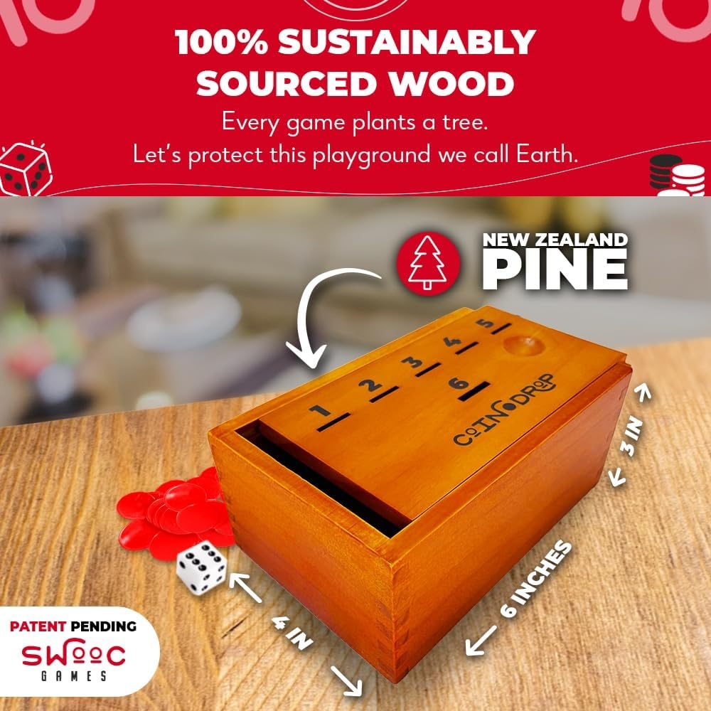 SWOOC Games – Coin Drop™ | Simple + Strategic Dice Games for Families with Coins Included for 2-6 Players | Works W/Pennies Too | Get Rid of Coins to Win | Board Games for Kids | Penny Game Wood Box - view 4
