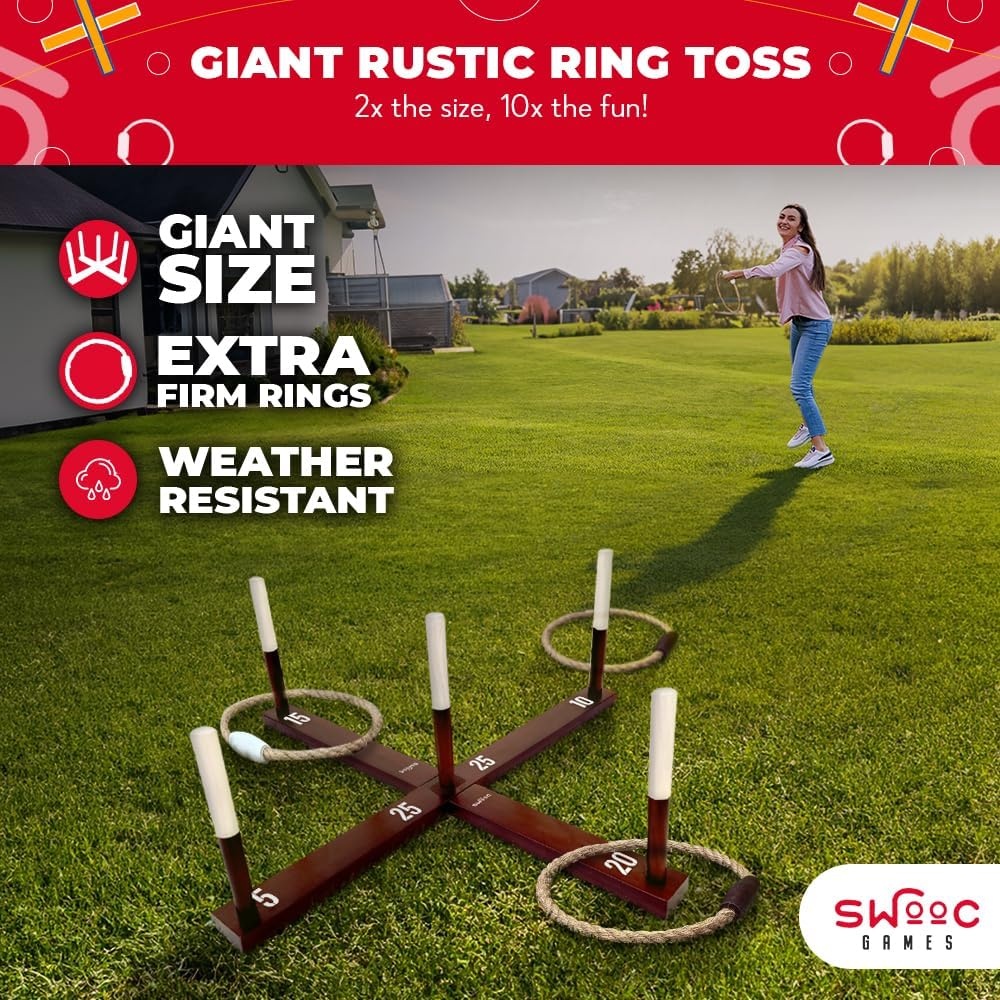 Swooc Games – Rustic Ring Toss Game (All Weather) – Easy Setup & Extra Games Included – Ring Toss Game for Adults – Outdoor Activities for Adults – Yard Toys for Kids – Backyard Fun – Outdoor Party(X-Large)