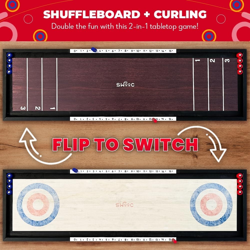 Swooc Games® | 2-in-1 Premium Shuffleboard and Curling | 100% Solid Wood Shuffleboard Table (4ft) | 5+ Ways to Play | Tabletop Games for Adults & Kids | Shuffle Board Game Table Top, Bar & Indoor Game