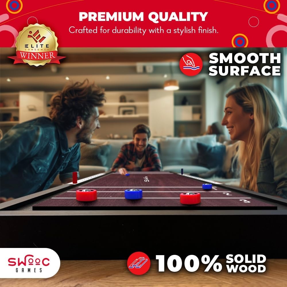 Swooc Games® | 2-in-1 Premium Shuffleboard and Curling | 100% Solid Wood Shuffleboard Table (4ft) | 5+ Ways to Play | Tabletop Games for Adults & Kids | Shuffle Board Game Table Top, Bar & Indoor Game - view 2