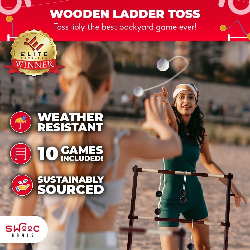 SWOOC Games® – Premium Wooden Ladder Ball Game Set (Weather Resistant) – with 10+ Games & Carrying Case – Easy, No Tool Set Up – Premium Ladder Toss Outdoor Game – Backyard Ball Toss Games