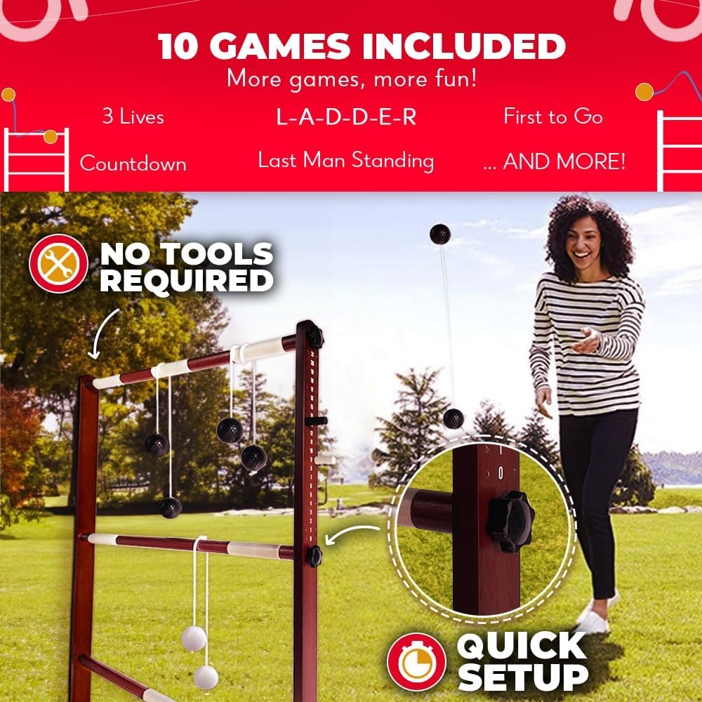 SWOOC Games® – Premium Wooden Ladder Ball Game Set (Weather Resistant) – with 10+ Games & Carrying Case – Easy, No Tool Set Up – Premium Ladder Toss Outdoor Game – Backyard Ball Toss Games - view 2