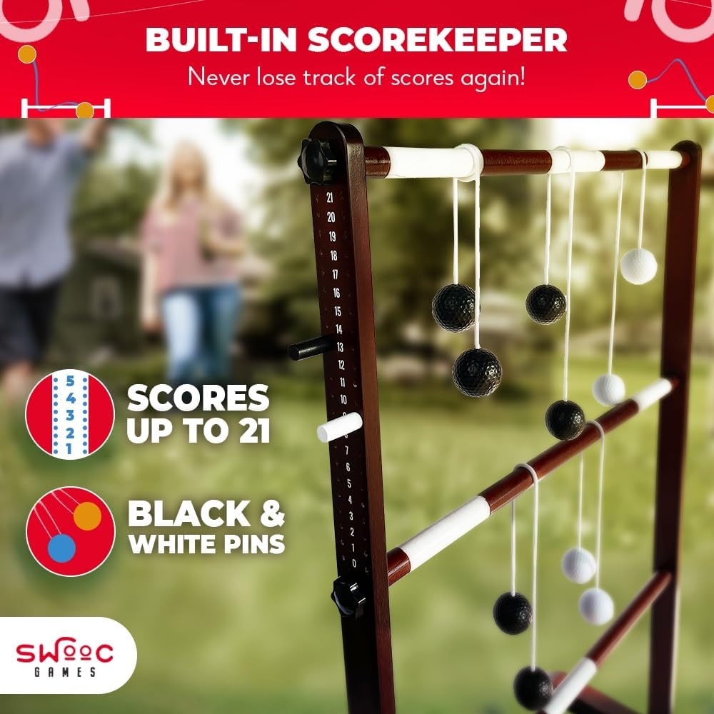 SWOOC Games® – Premium Wooden Ladder Ball Game Set (Weather Resistant) – with 10+ Games & Carrying Case – Easy, No Tool Set Up – Premium Ladder Toss Outdoor Game – Backyard Ball Toss Games - view 4